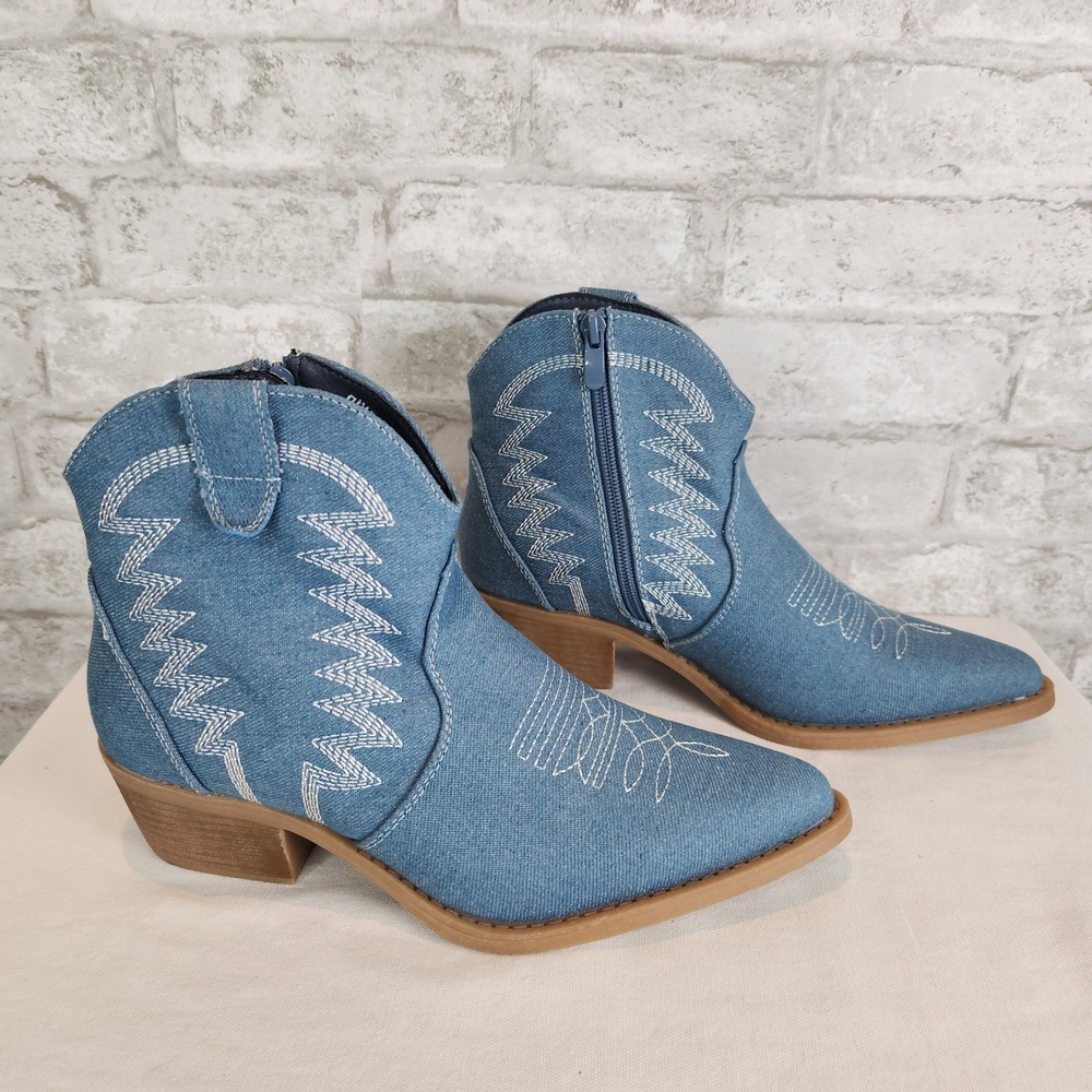 GlobalWin Denim Blue Western Ankle Boots Pointed Toe Cowgirl Booties 7